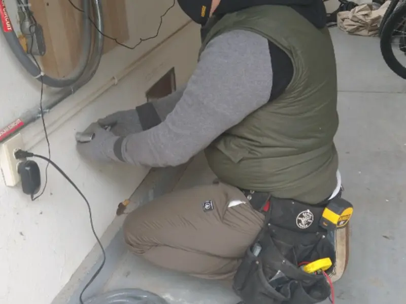Electrician performing outlet wiring in a Elmhurst garage